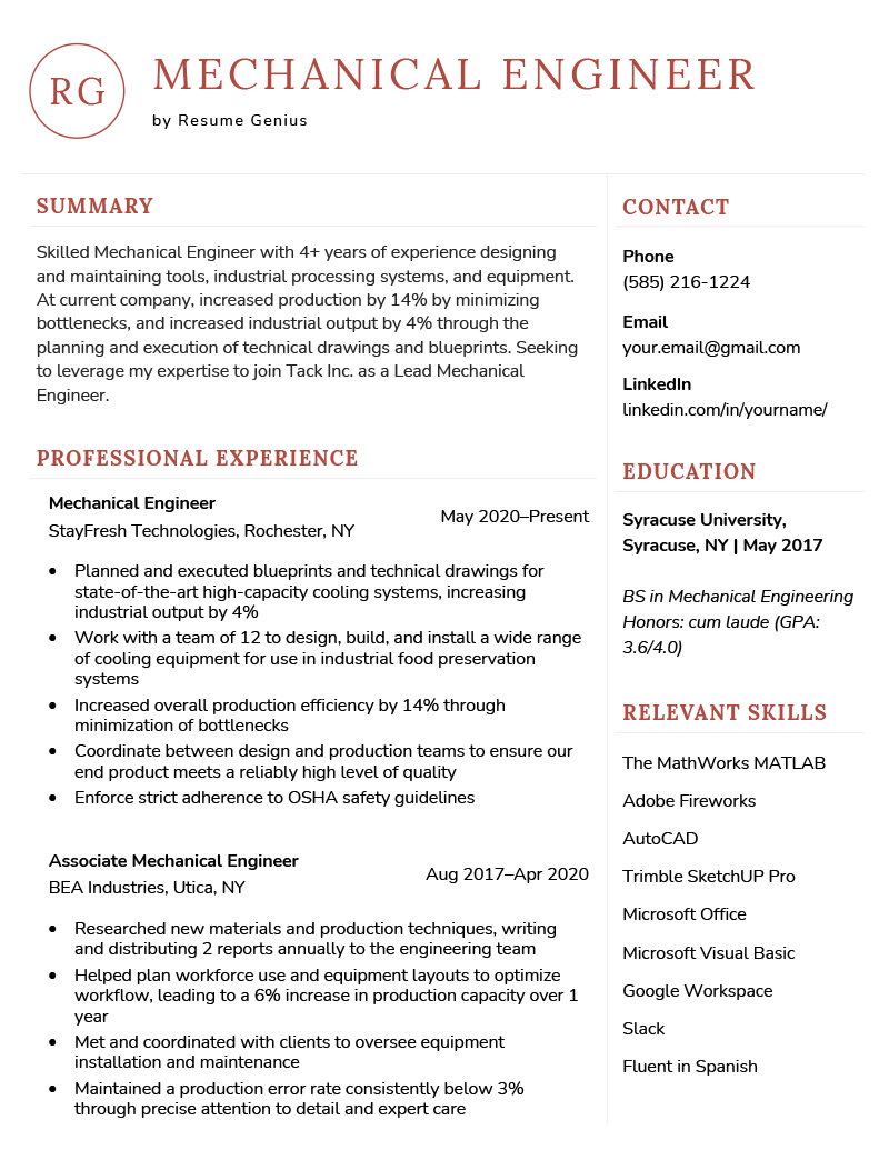 resume for the mechanical engineering